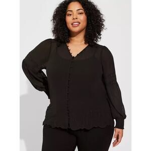 NWT Torrid Deep Black Chiffon Smocked Collar Eyelet Embroidered Blouse Size 2X